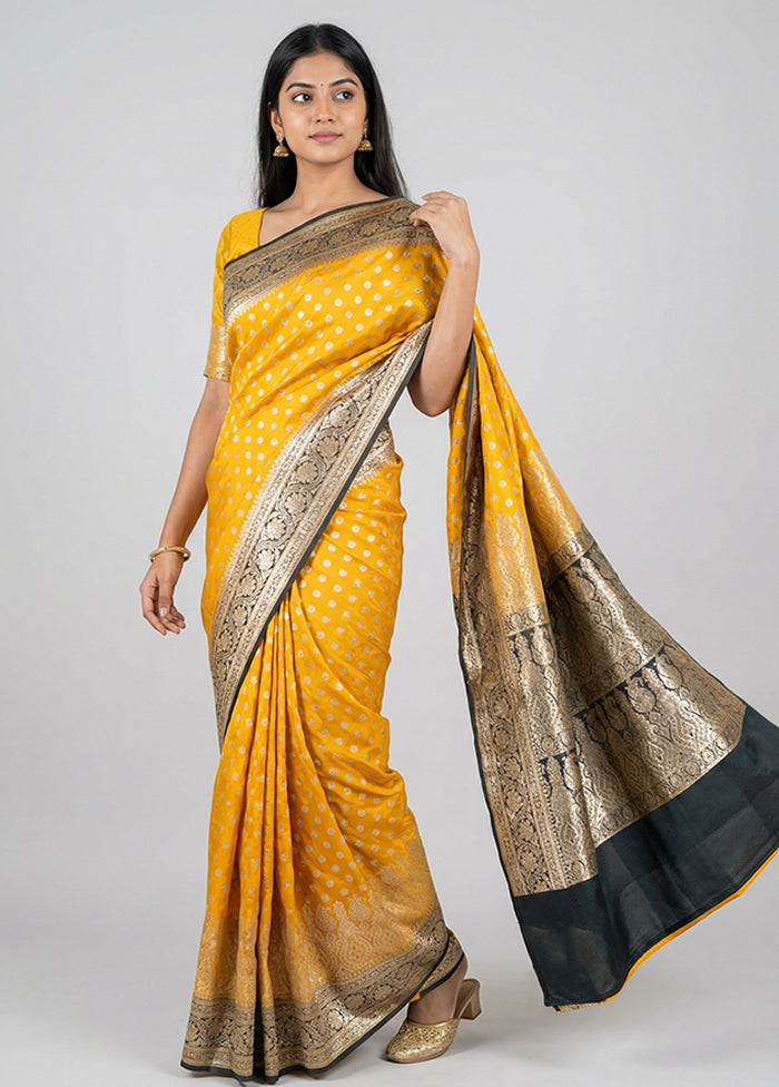 Yellow Banarasi Silk Saree With Blouse Piece