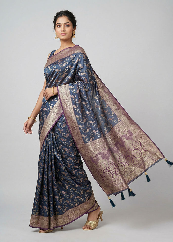 Blue Dupion Silk Saree With Blouse Piece