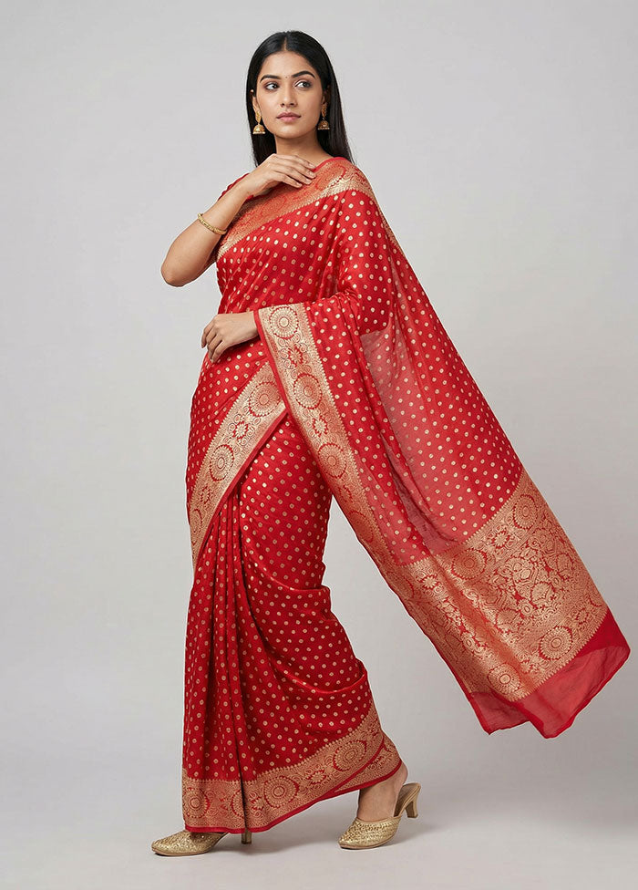 Red Dupion Silk Saree With Blouse Piece