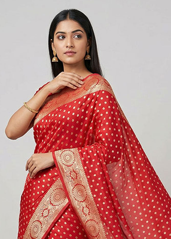 Red Dupion Silk Saree With Blouse Piece