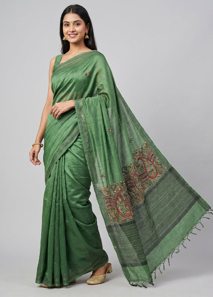 Green Tussar Silk Saree With Blouse Piece