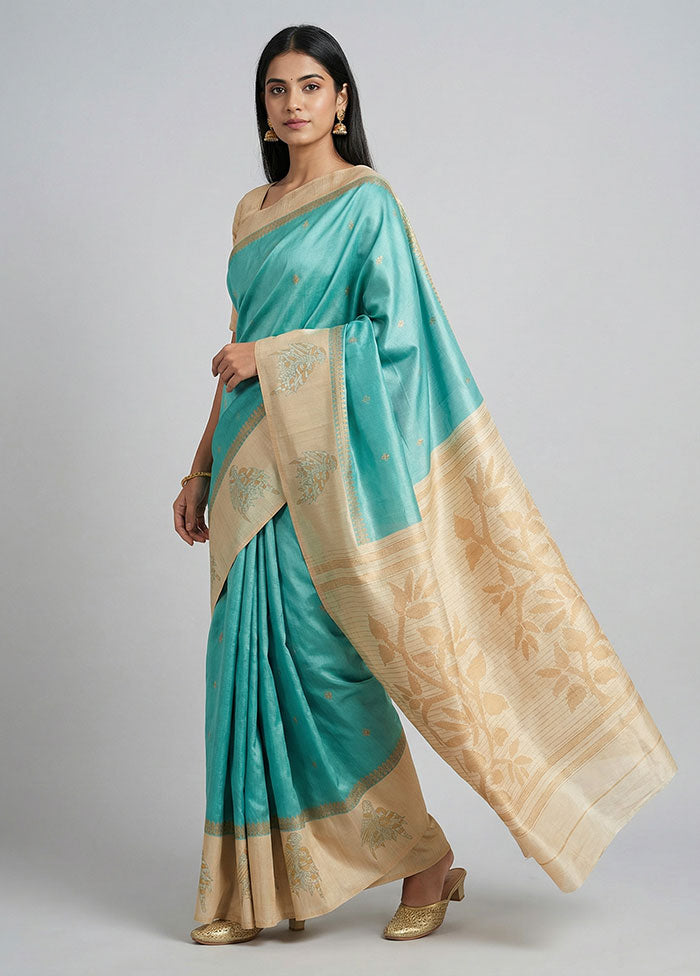 Blue Tussar Silk Saree With Blouse Piece
