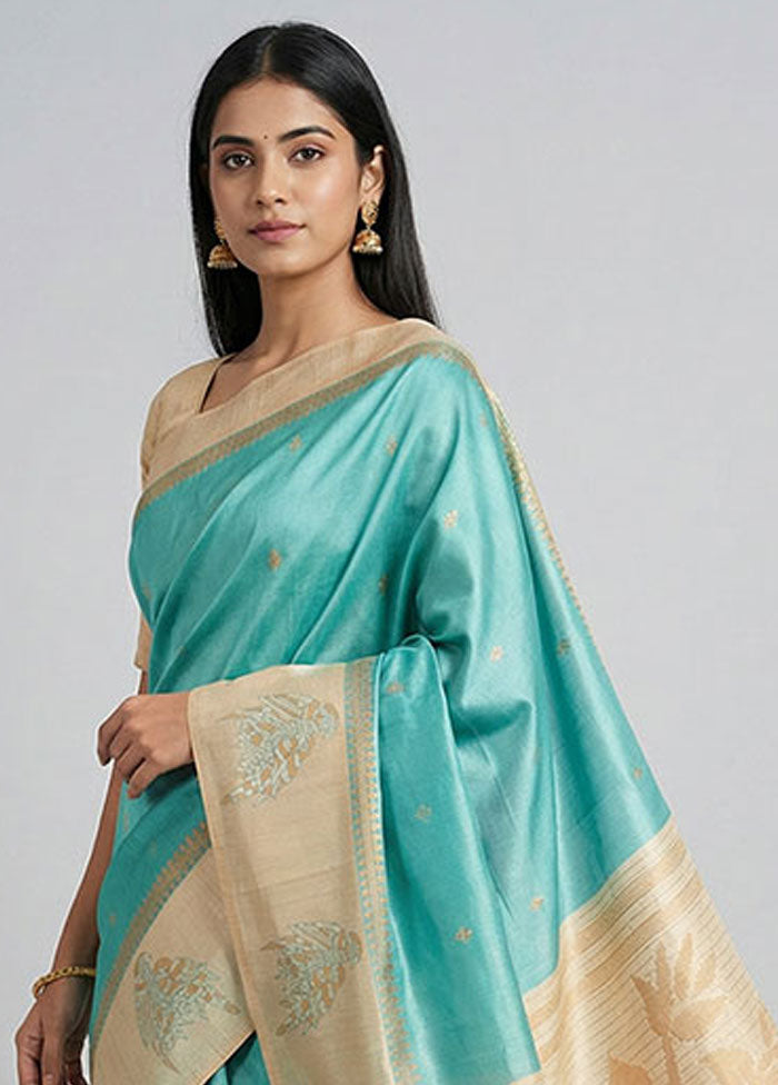 Blue Tussar Silk Saree With Blouse Piece
