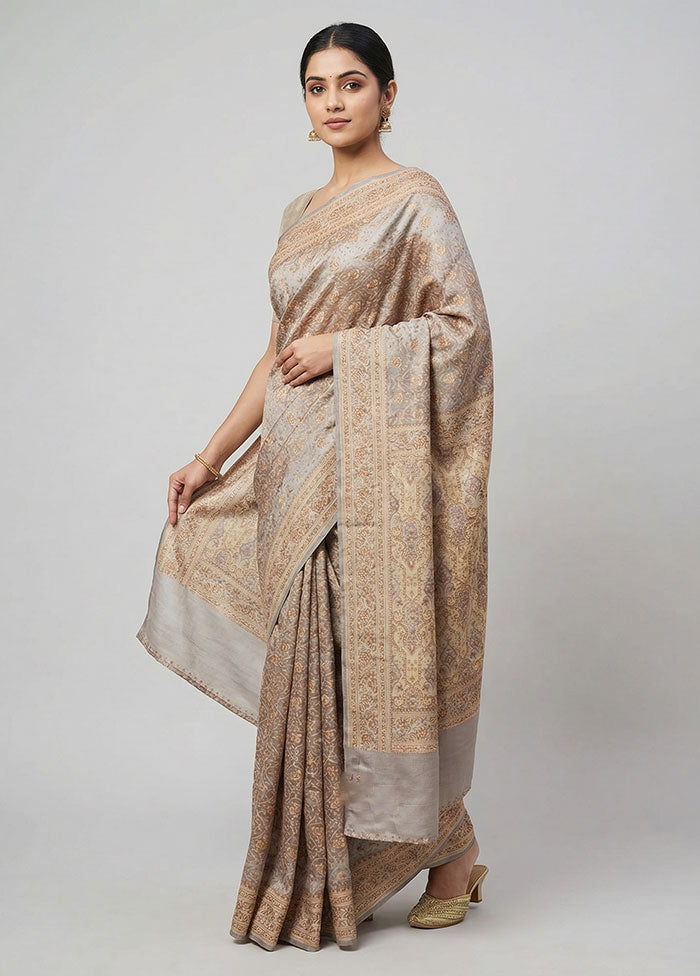 Grey Jamewar Silk Saree With Blouse Piece