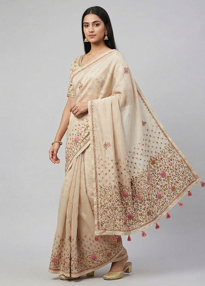 Cream Tussar Silk Saree With Blouse Piece