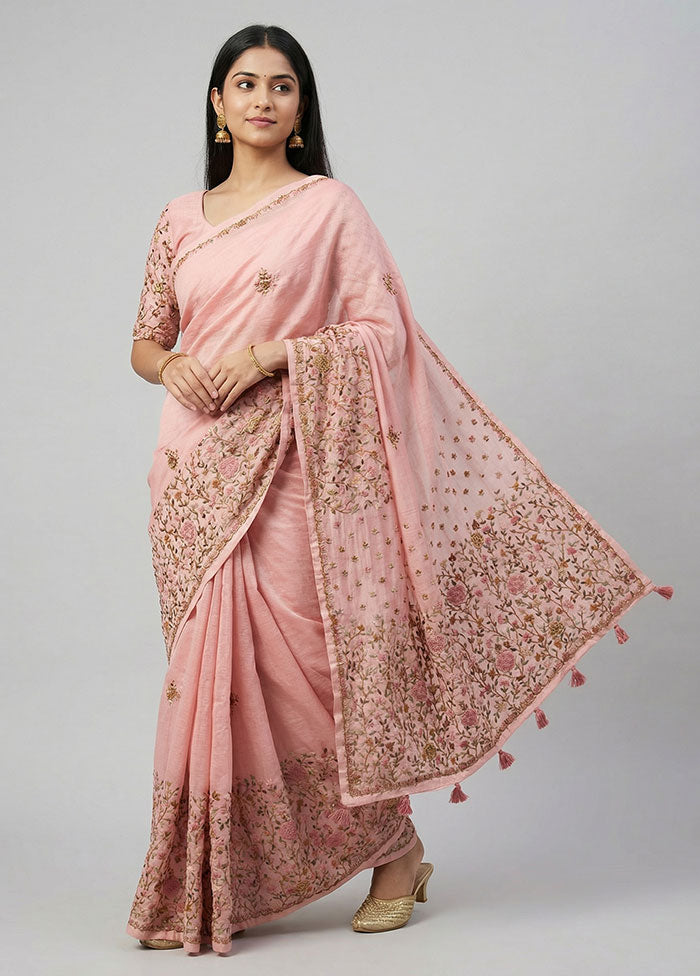 Pink Tussar Silk Saree With Blouse Piece
