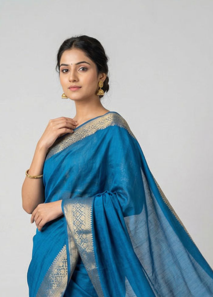 Blue Dupion Silk Saree With Blouse Piece