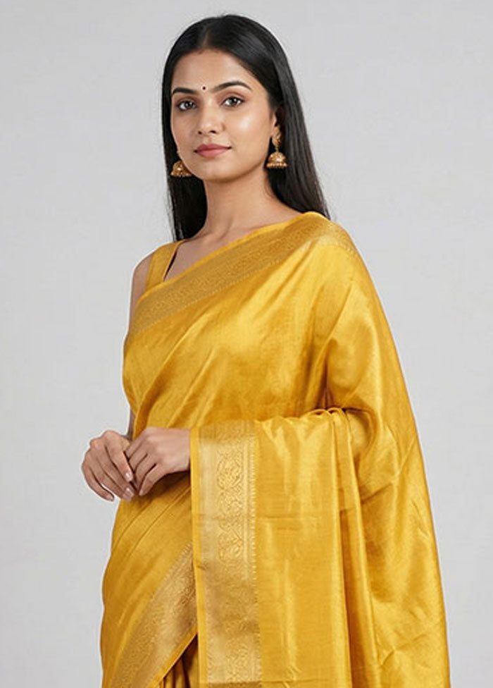 Yellow Dupion Silk Saree With Blouse Piece