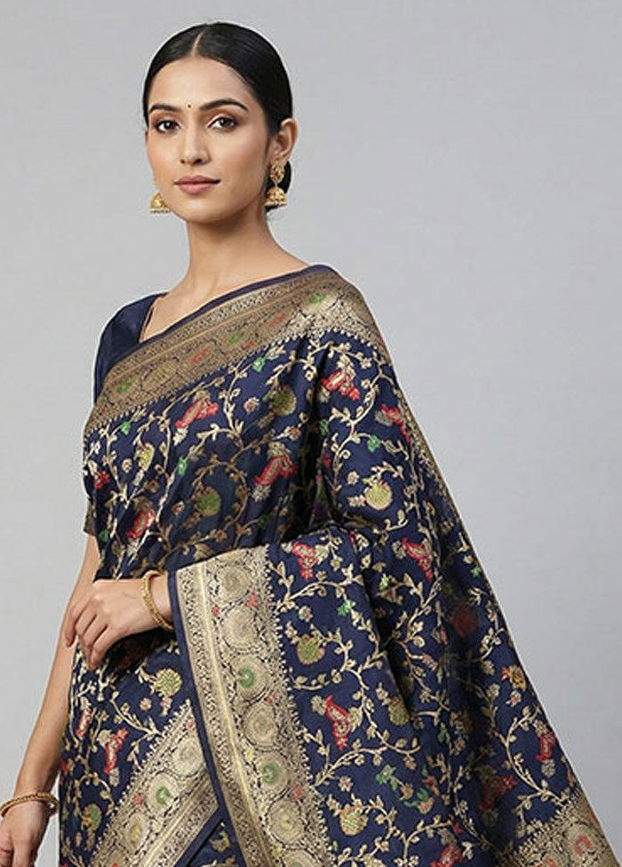 Blue Dupion Silk Saree With Blouse Piece