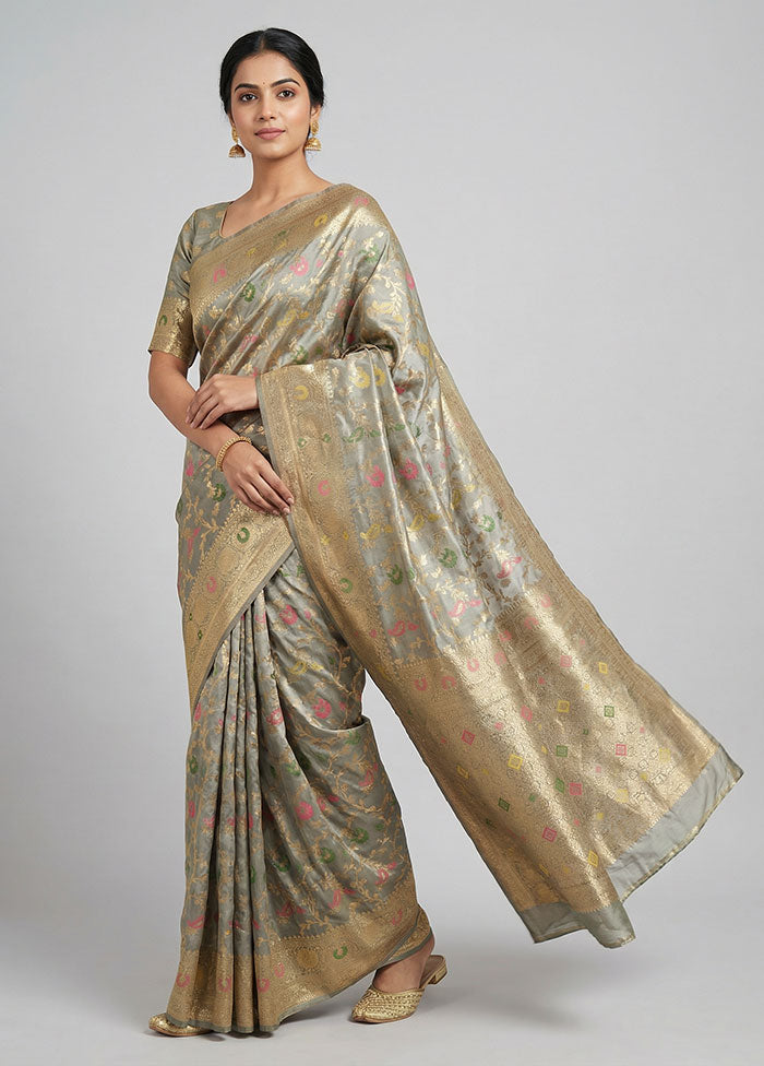 Grey Dupion Silk Saree With Blouse Piece