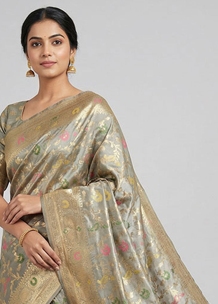 Grey Dupion Silk Saree With Blouse Piece