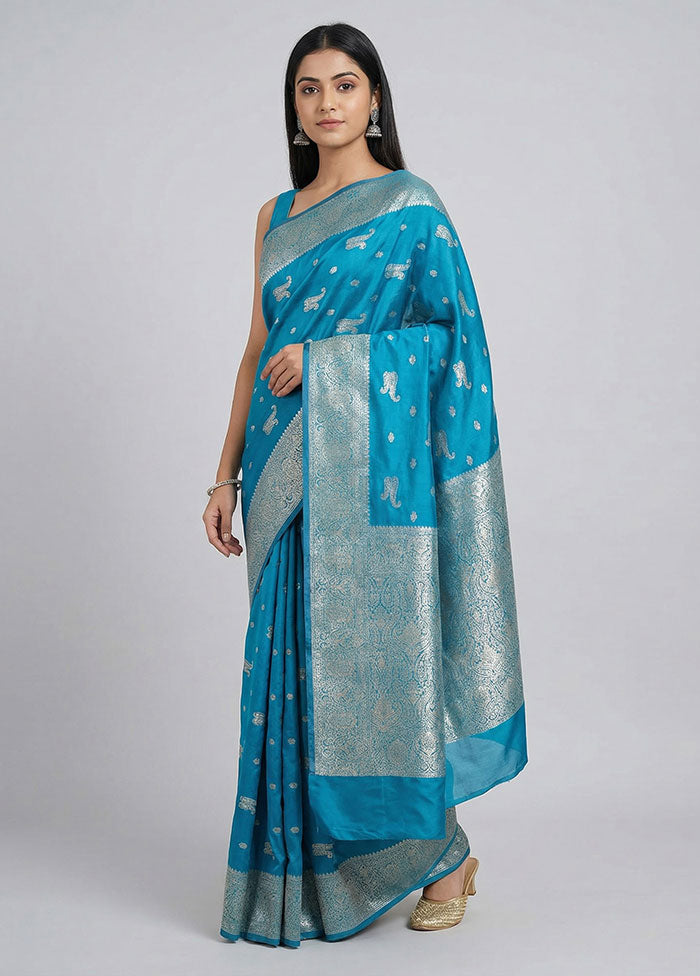 Blue Dupion Silk Saree With Blouse Piece