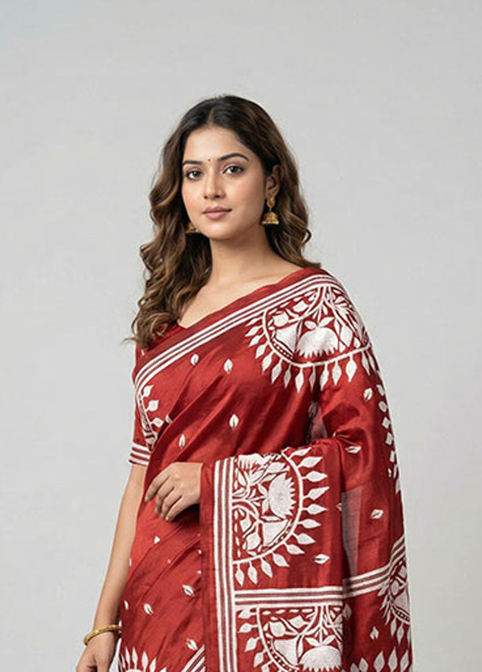 Maroon Kantha Stitch Silk Saree With Blouse Piece