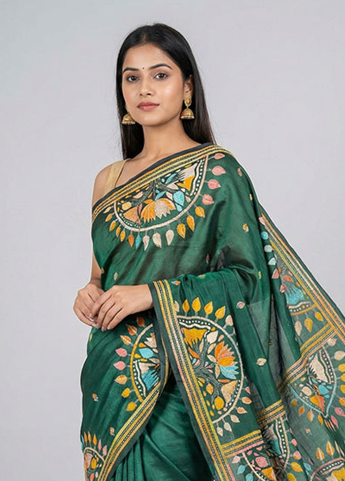 Green Kantha Stitch Silk Saree With Blouse Piece