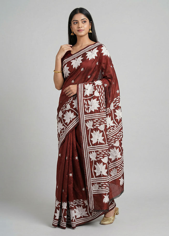 Maroon Kantha Stitch Silk Saree With Blouse Piece