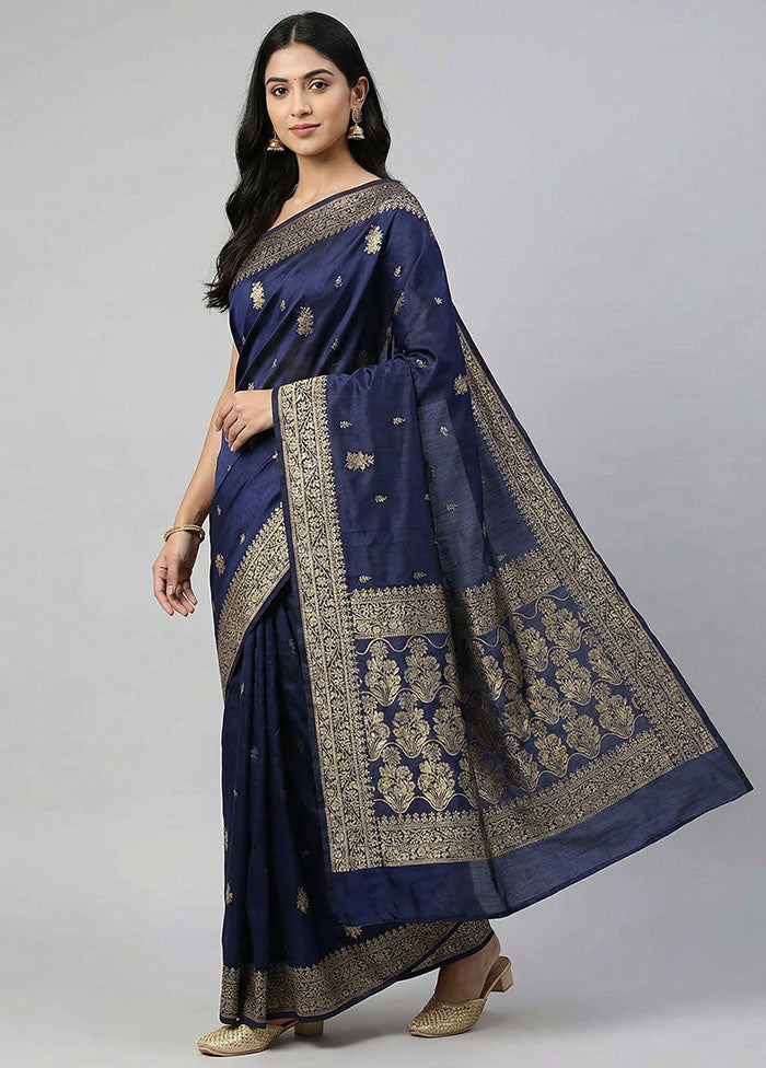 Blue Dupion Silk Saree With Blouse Piece