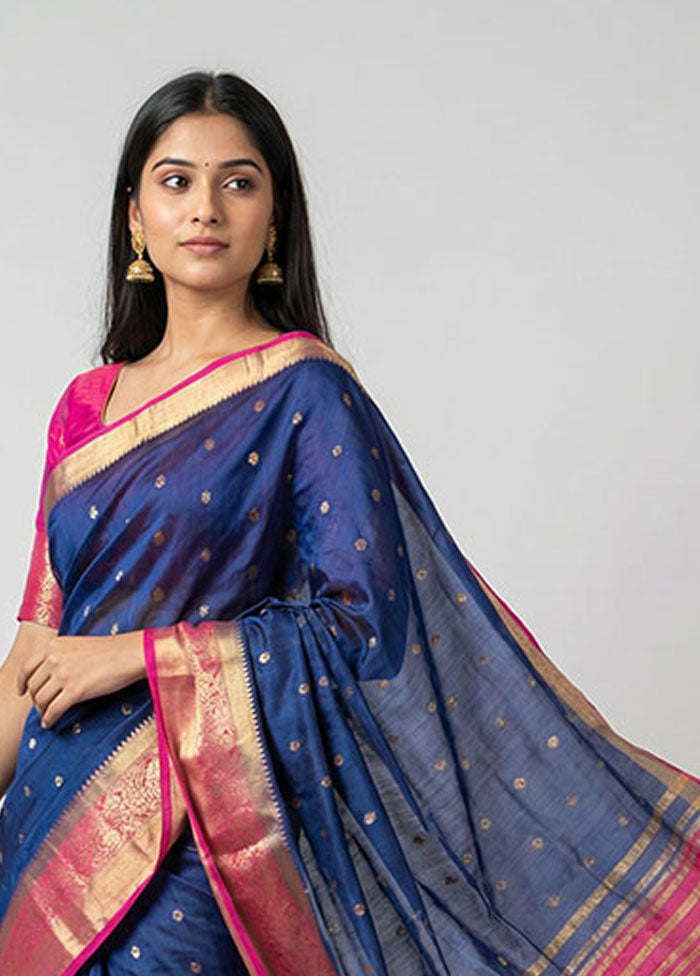 Blue Dupion Silk Saree With Blouse Piece