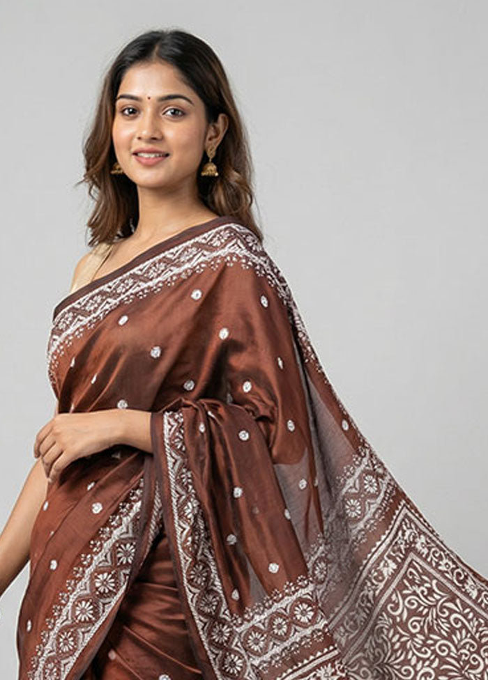 Maroon Kantha Stitch Silk Saree With Blouse Piece