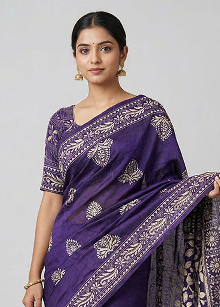 Purple Kantha Stitch Silk Saree With Blouse Piece