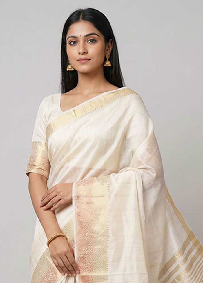 White Dupion Silk Saree With Blouse Piece
