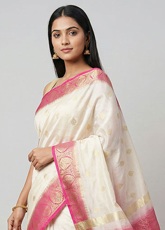 Cream Dupion Silk Saree With Blouse Piece