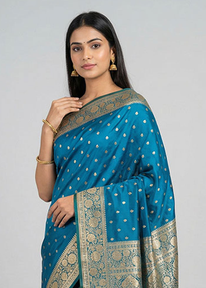 Blue Banarasi Silk Saree With Blouse Piece
