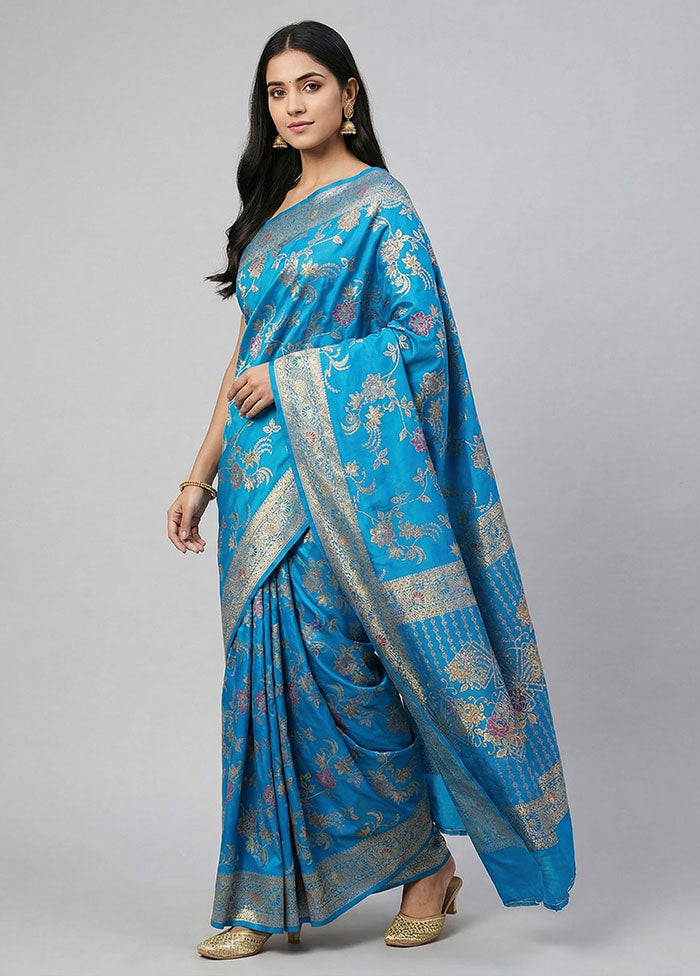 Blue Dupion Silk Saree With Blouse Piece