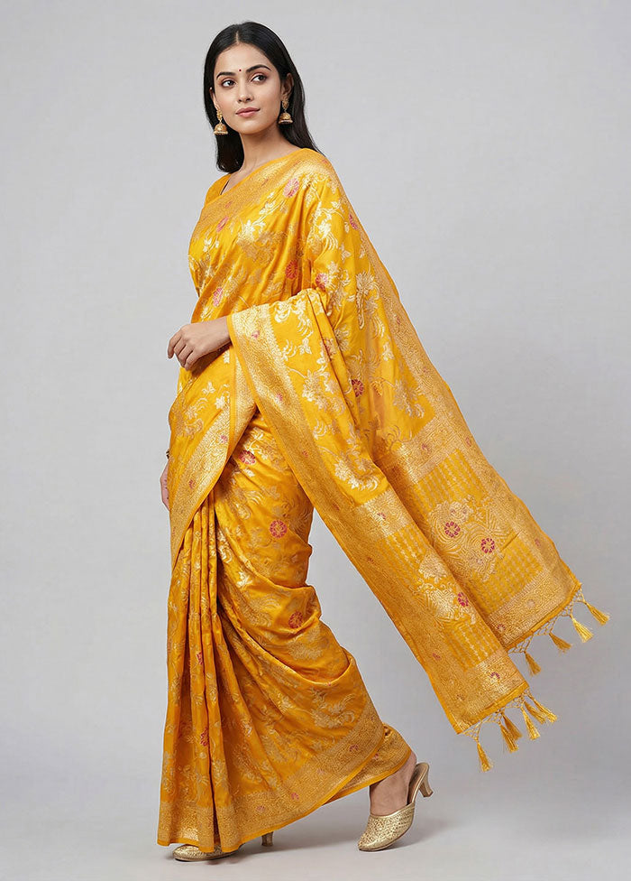 Yellow Dupion Silk Saree With Blouse Piece