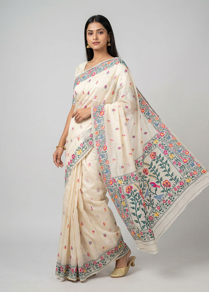 Cream Cotton Saree With Blouse Piece