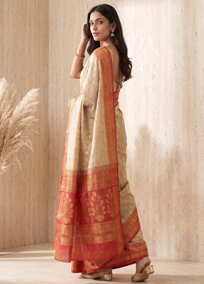 Cream Matka Silk Saree With Blouse Piece
