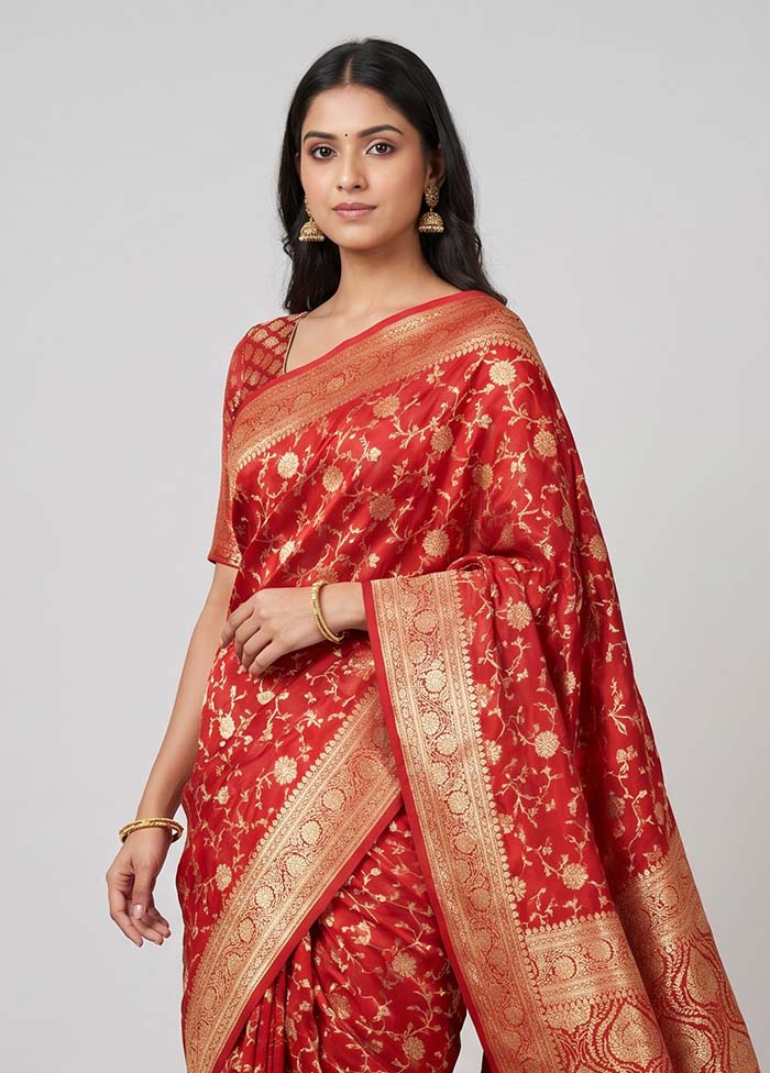 Red Banarasi Silk Saree With Blouse Piece
