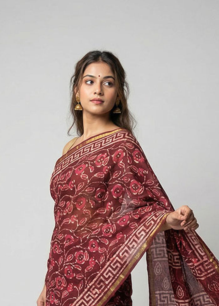Maroon Chanderi Silk Saree With Blouse Piece