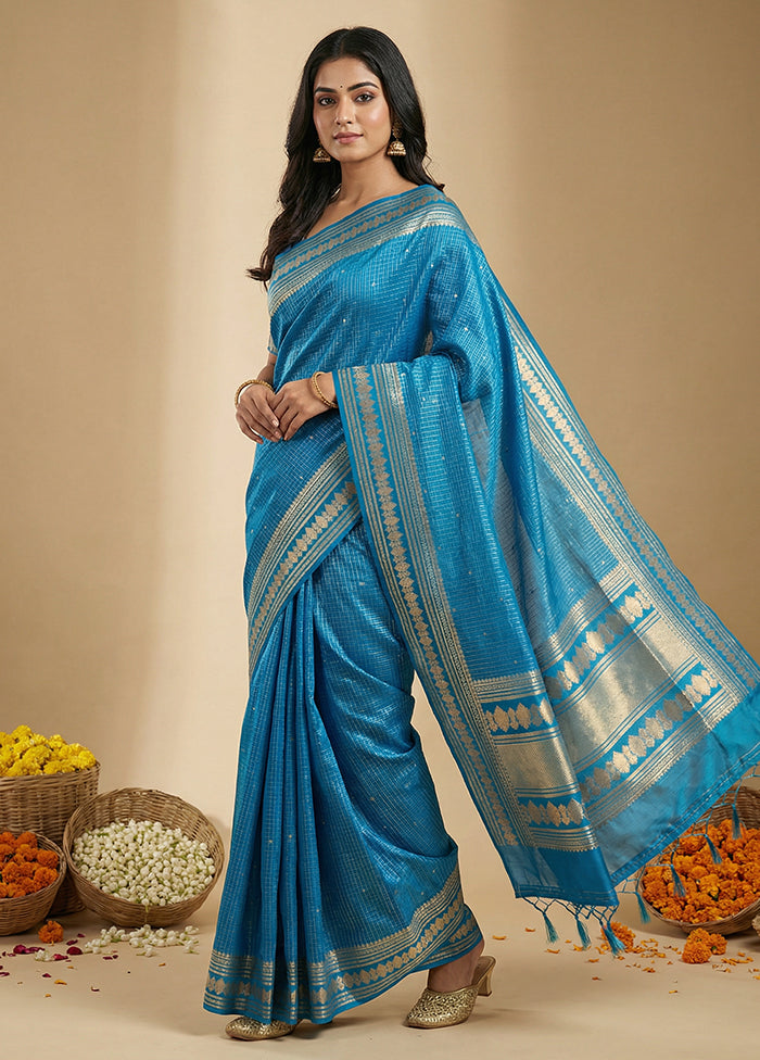 Blue Katan Silk Saree With Blouse Piece