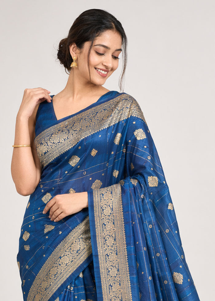 Blue Katan Silk Saree With Blouse Piece