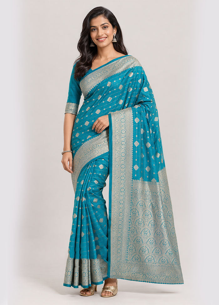 Blue Katan Silk Saree With Blouse Piece