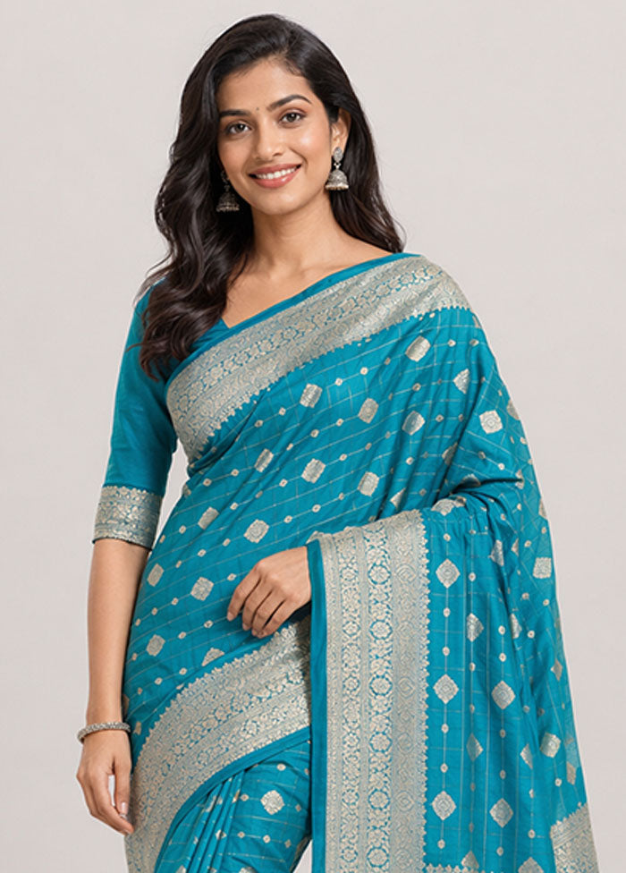 Blue Katan Silk Saree With Blouse Piece