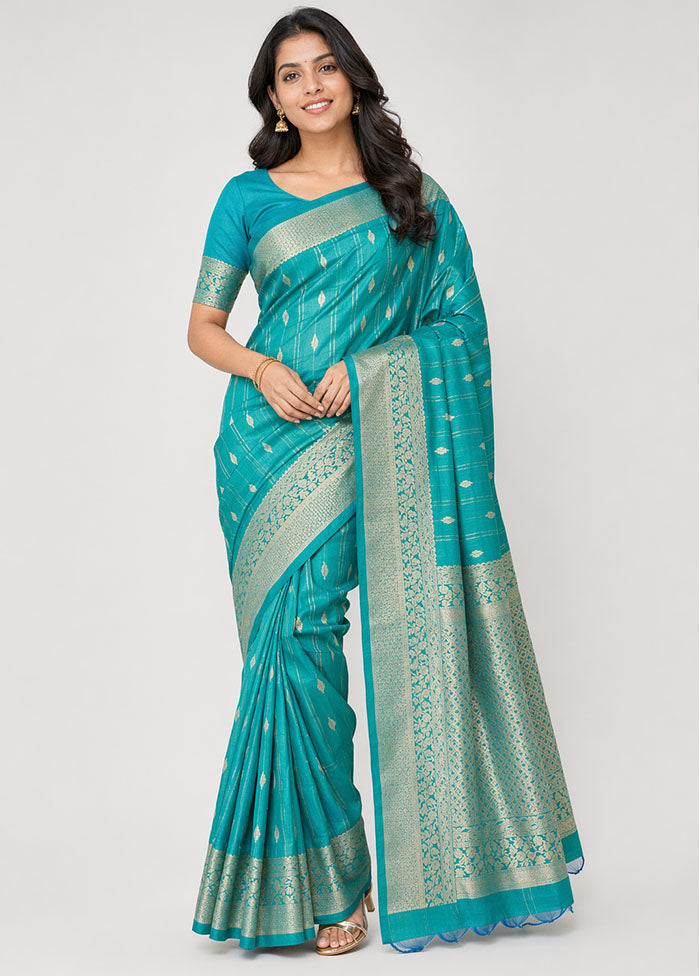 Blue Katan Silk Saree With Blouse Piece
