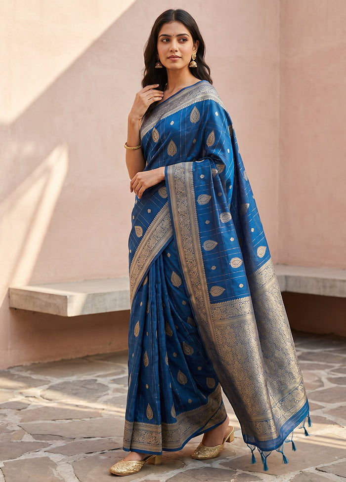 Blue Katan Silk Saree With Blouse Piece