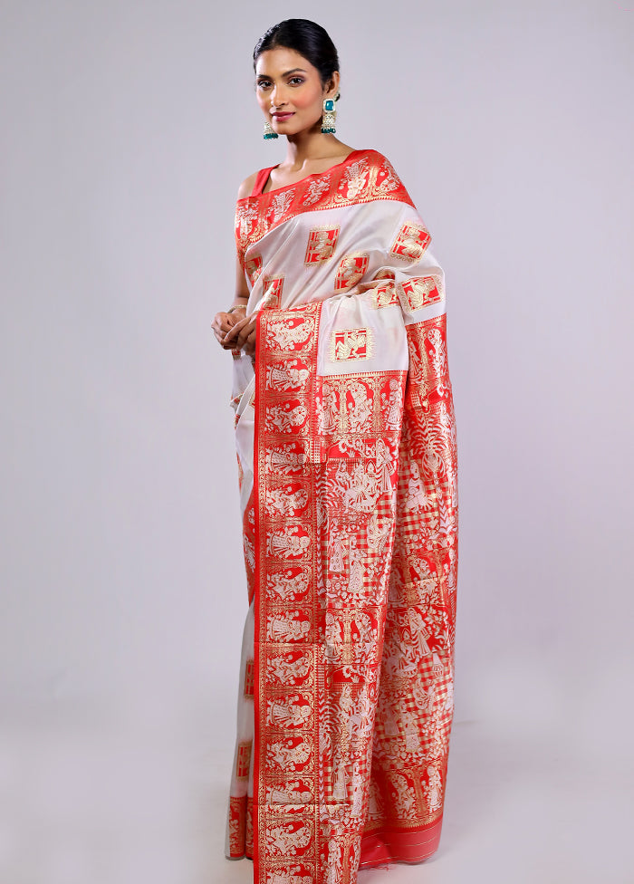 Red & White Baluchari Silk Saree With Blouse Piece