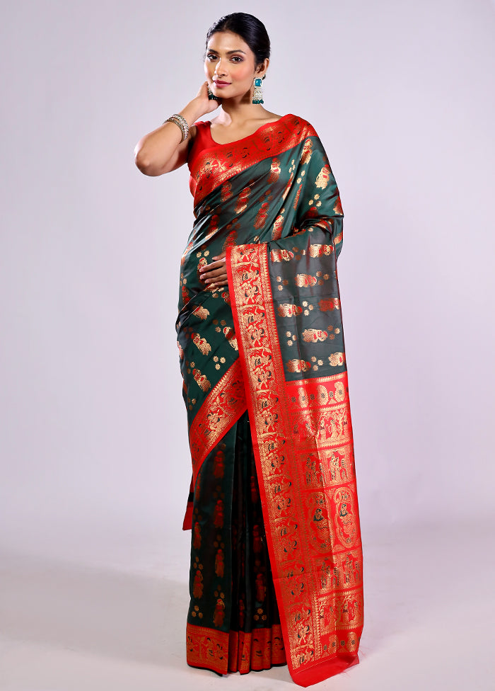 Green Baluchari Silk Saree With Blouse Piece