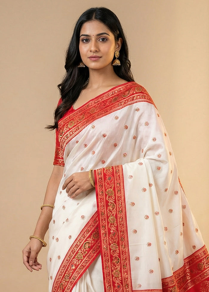 White Dupion Silk Saree With Blouse Piece