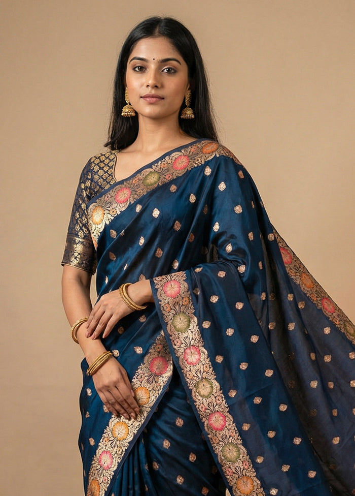 Blue Katan Silk Saree With Blouse Piece