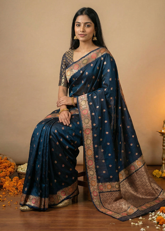 Blue Katan Silk Saree With Blouse Piece