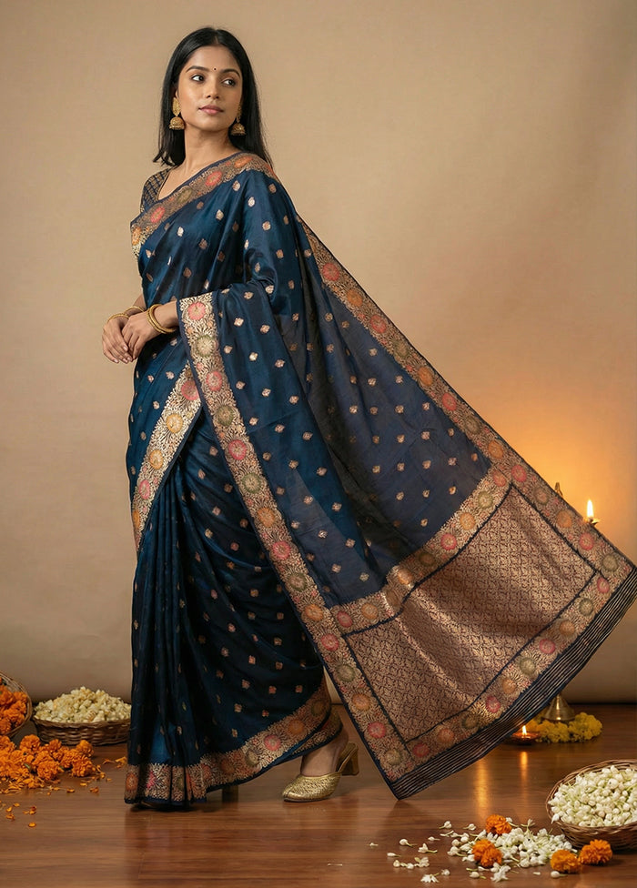 Blue Katan Silk Saree With Blouse Piece