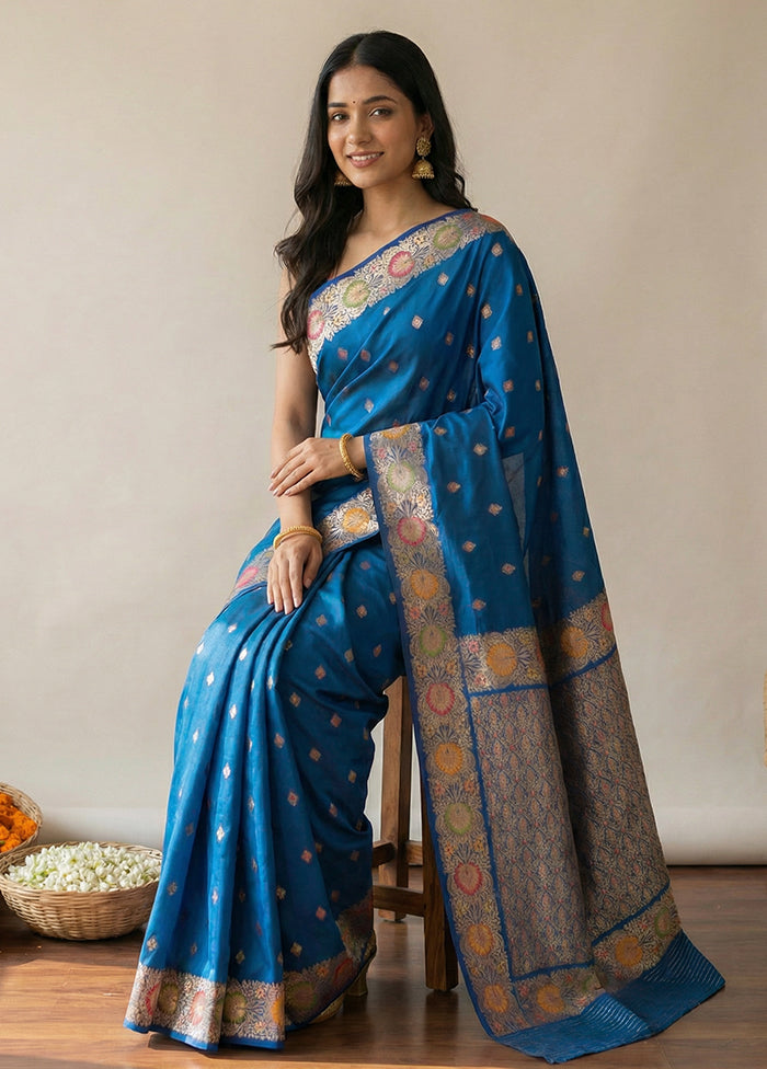 Blue Katan Silk Saree With Blouse Piece