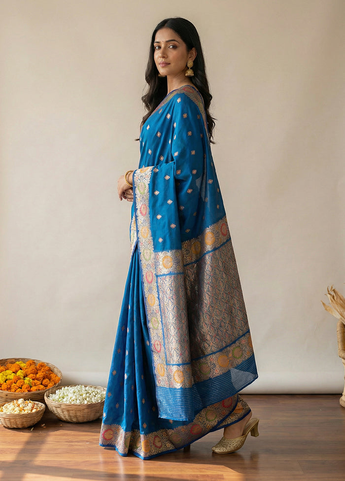 Blue Katan Silk Saree With Blouse Piece