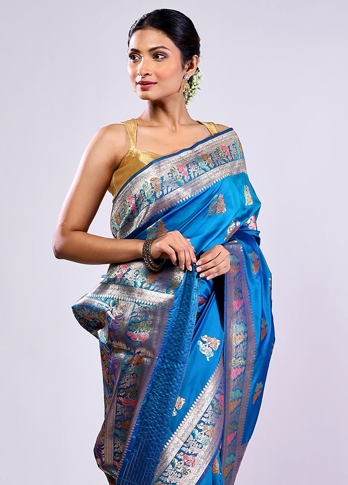Blue Baluchari Silk Saree With Blouse Piece