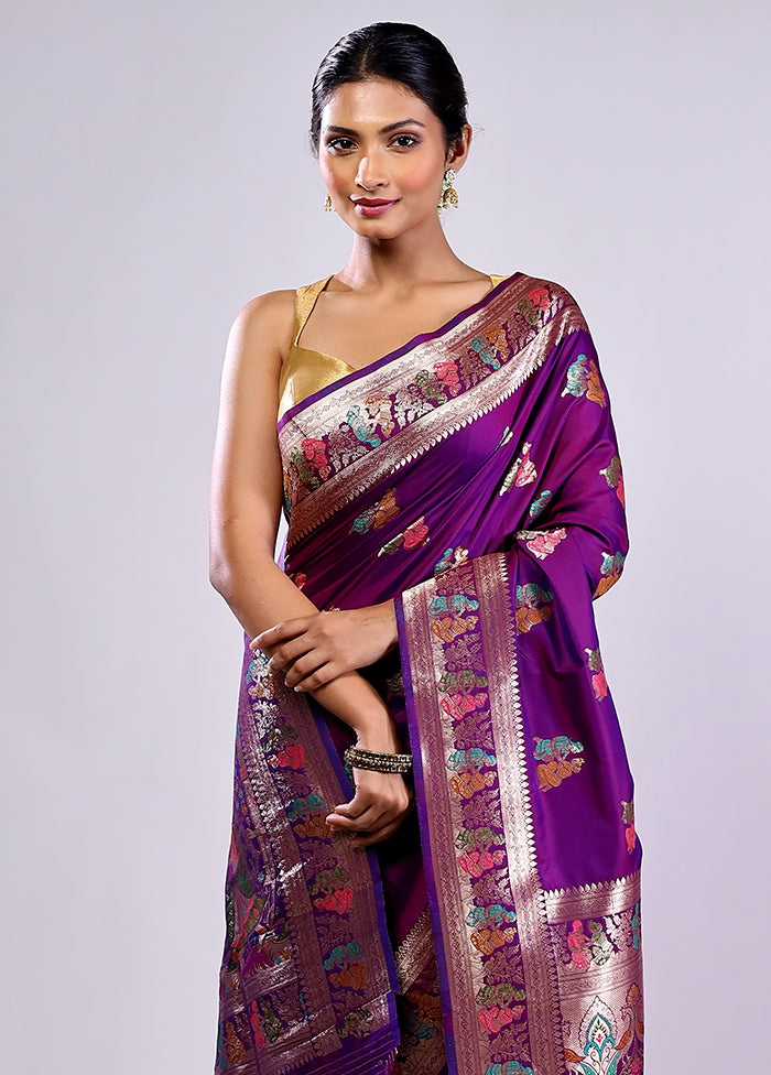 Purple Baluchari Silk Saree With Blouse Piece