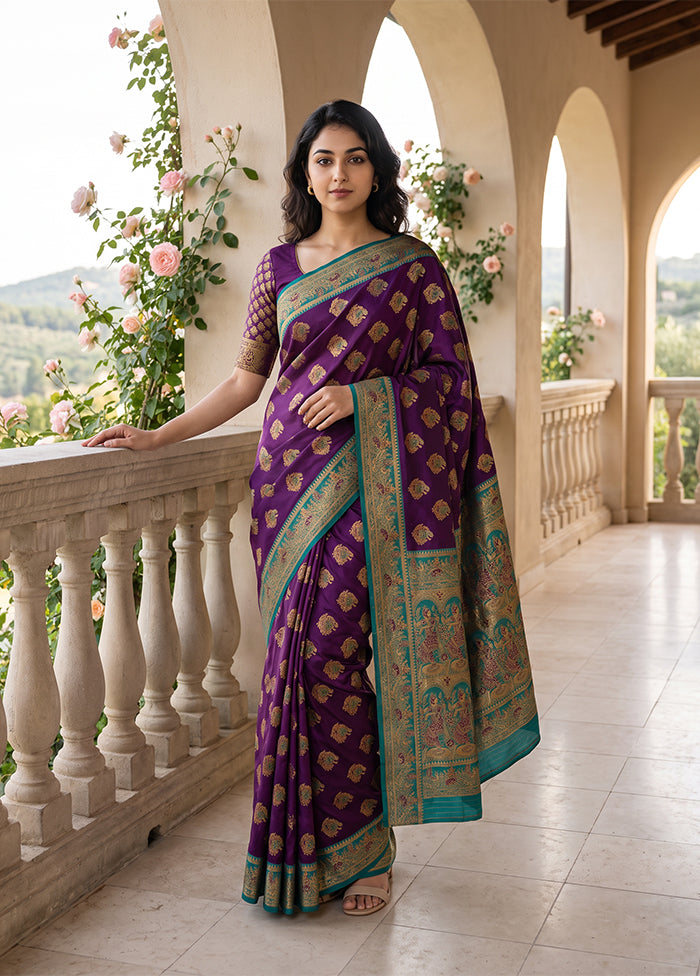 Purple Baluchari Silk Saree With Blouse Piece