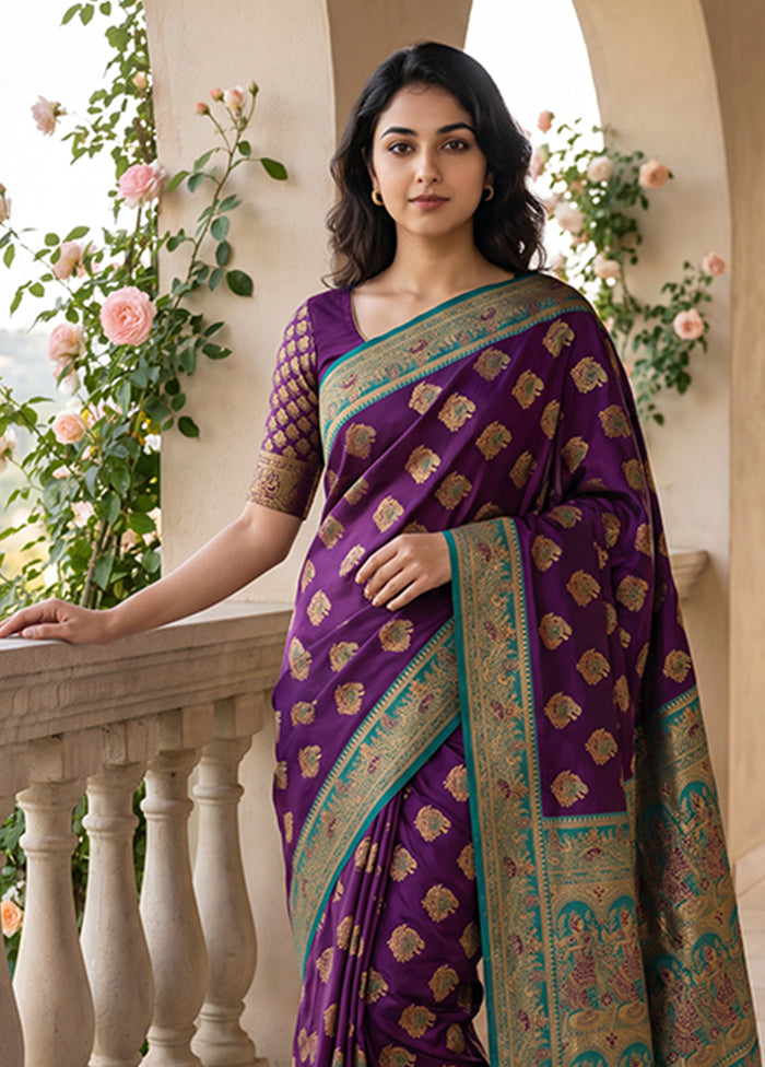 Purple Baluchari Silk Saree With Blouse Piece
